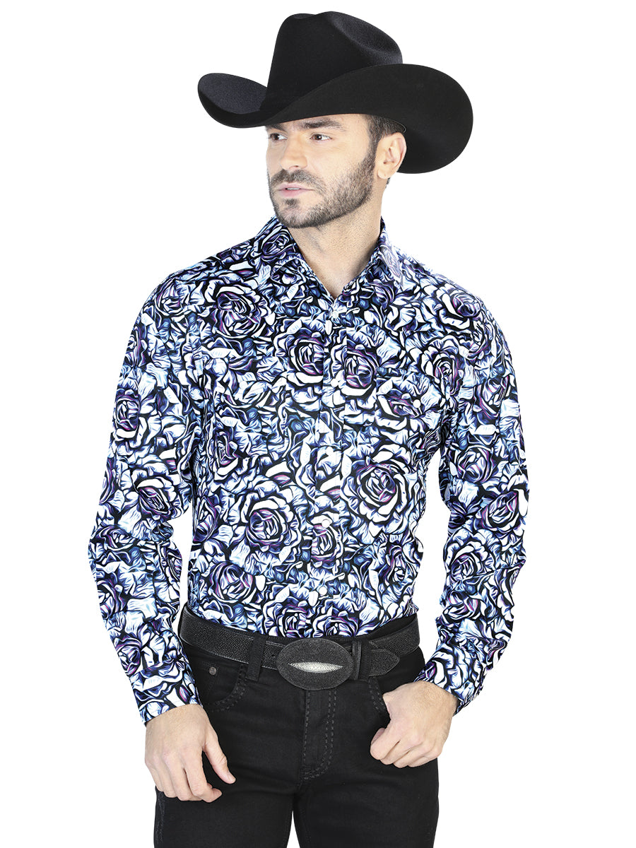 Blue Rose Print Casual Long Sleeve Shirt 44069