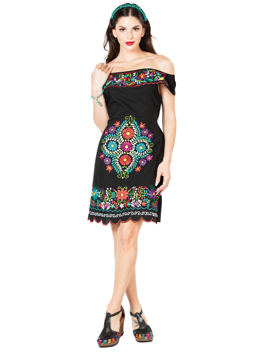 Artisanal Embroidered Dress 100% Cotton Black 603089