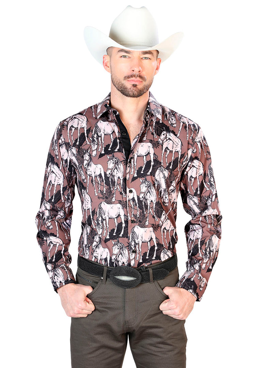 Black And Beige Horse Print Long Sleeve  Shirt 43699