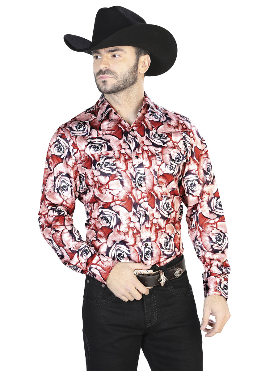 Red With Roses Casual Long Sleeve Shirt 44068