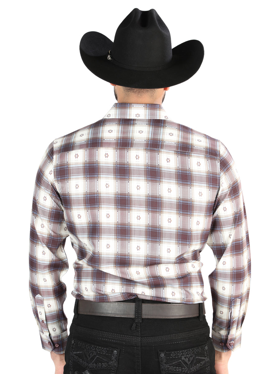 El General - Casual Long Sleeve Shirt - Beige/Burgundy 44713