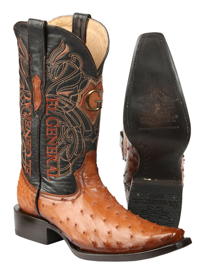 El General Men's Exotic Ostrich Leather Cowboy Boots - Cognac 45077