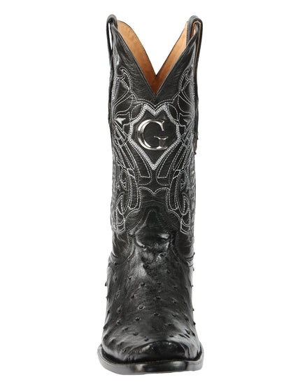 El General Men's Exotic Ostrich Leather Cowboy Boots - Black 45515