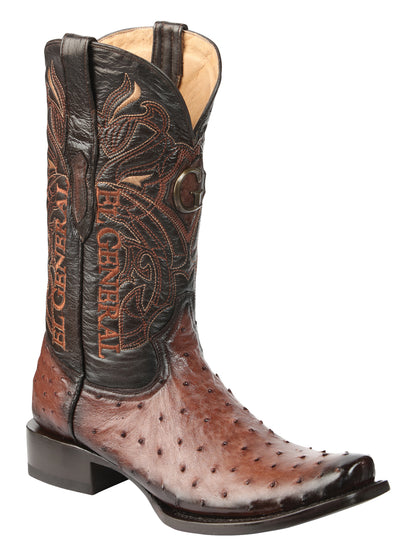 El General Men's Exotic Ostrich Leather Cowboy Boots - Brown 45516