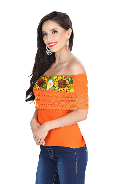 Artisanal Embroidered Blouse 50% Cotton, %50 Polyester Orange 601283